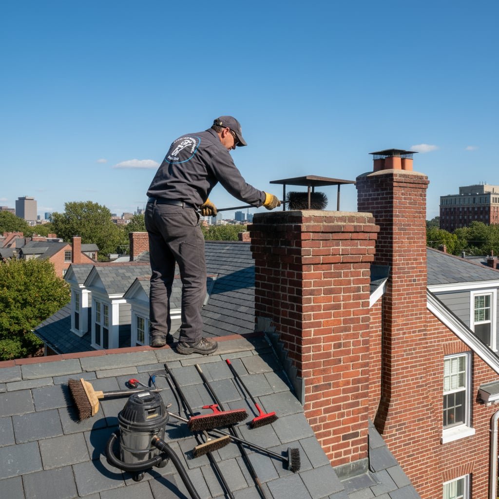 Reliable Flue Chimney Sweep team working on chimney